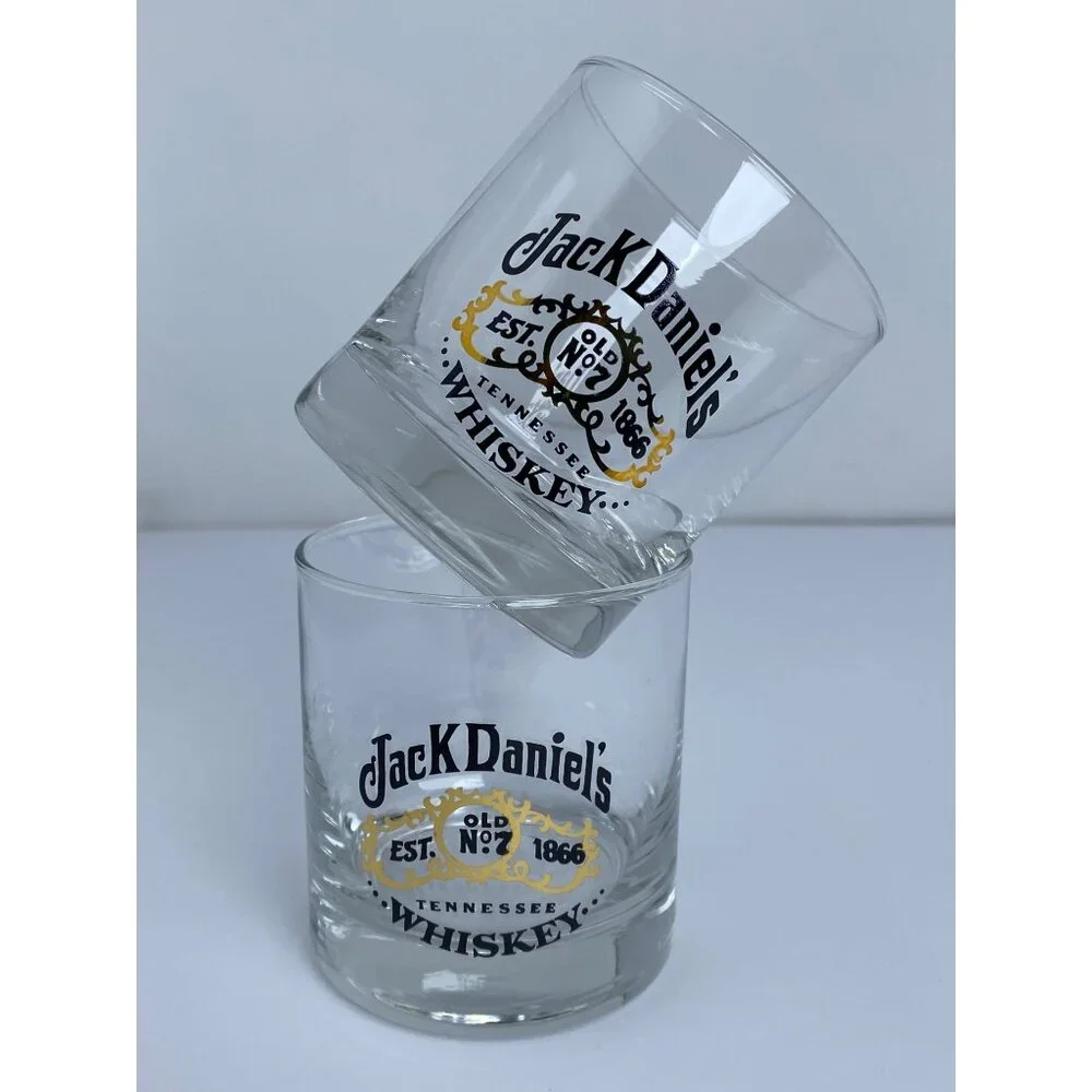 Vintage Jack Daniels Low Ball Whiskey Glasses black gold Logo